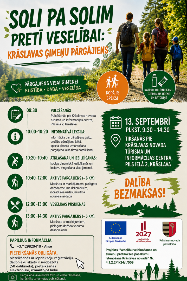 Četru cilvēku ģimene ar mugursomām dodas pārgājienā pa saulainu, mežainu taku. Pasākuma afiša
