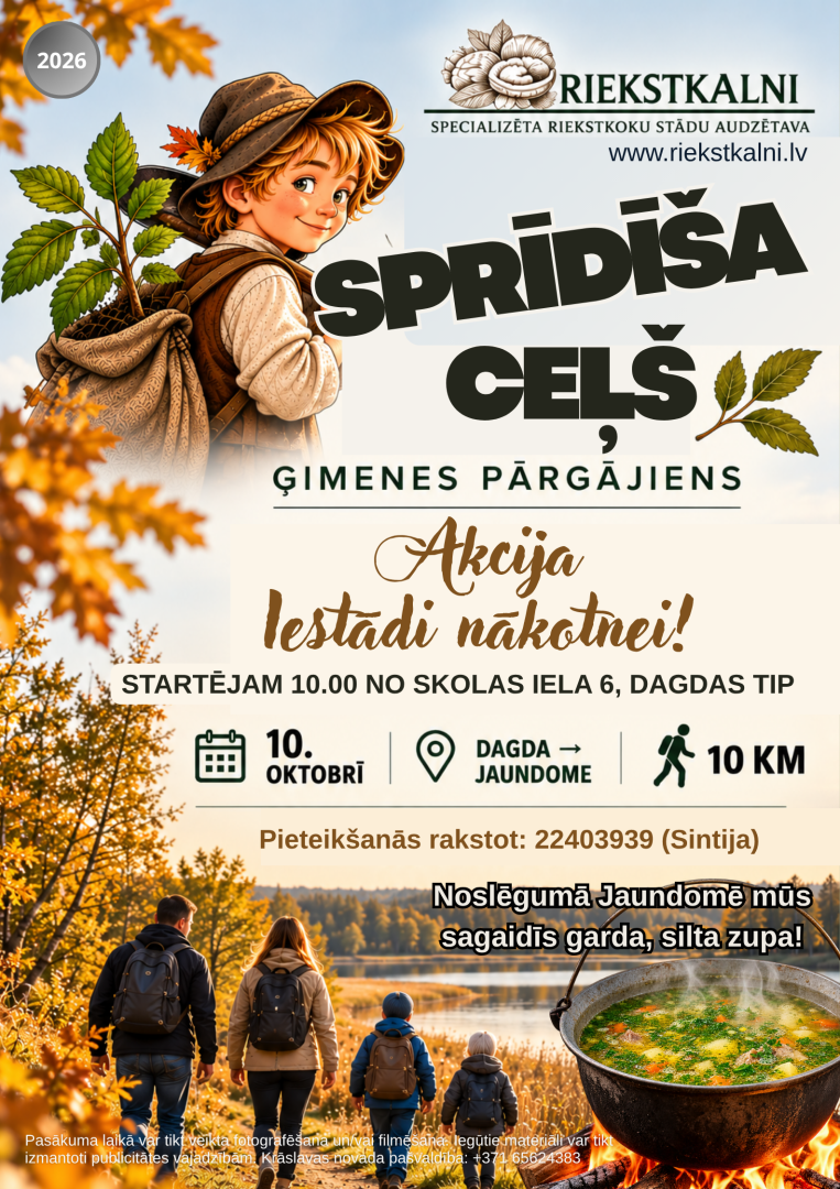 Ģimene uz pārgājiena takas un Sprīdīša ilustrācija. Pasākuma afiša