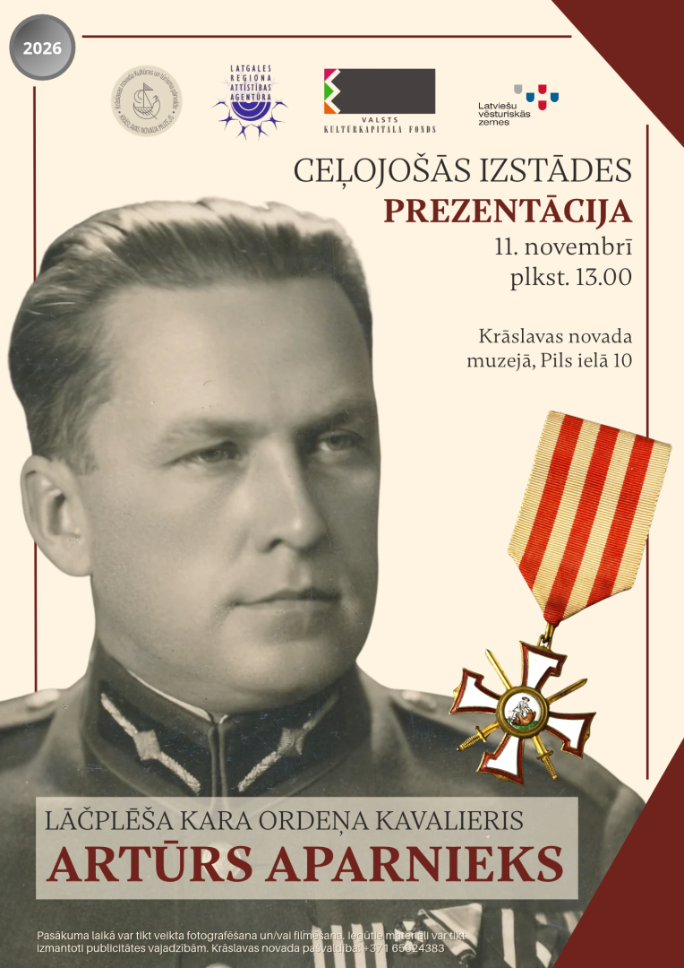 Melnbalts vīrieša portrets militārā uniformā, blakus attēlots Lāčplēša Kara ordenis. Pasākuma afiša