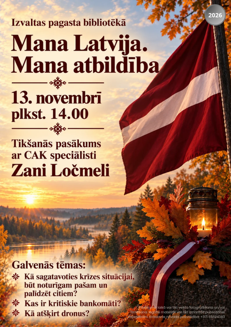 Latvijas karogs plīvo rudens ainavā pie upes, blakus deg piemiņas svece un izvietoti rudens lapu dekori. Pasākuma afiša