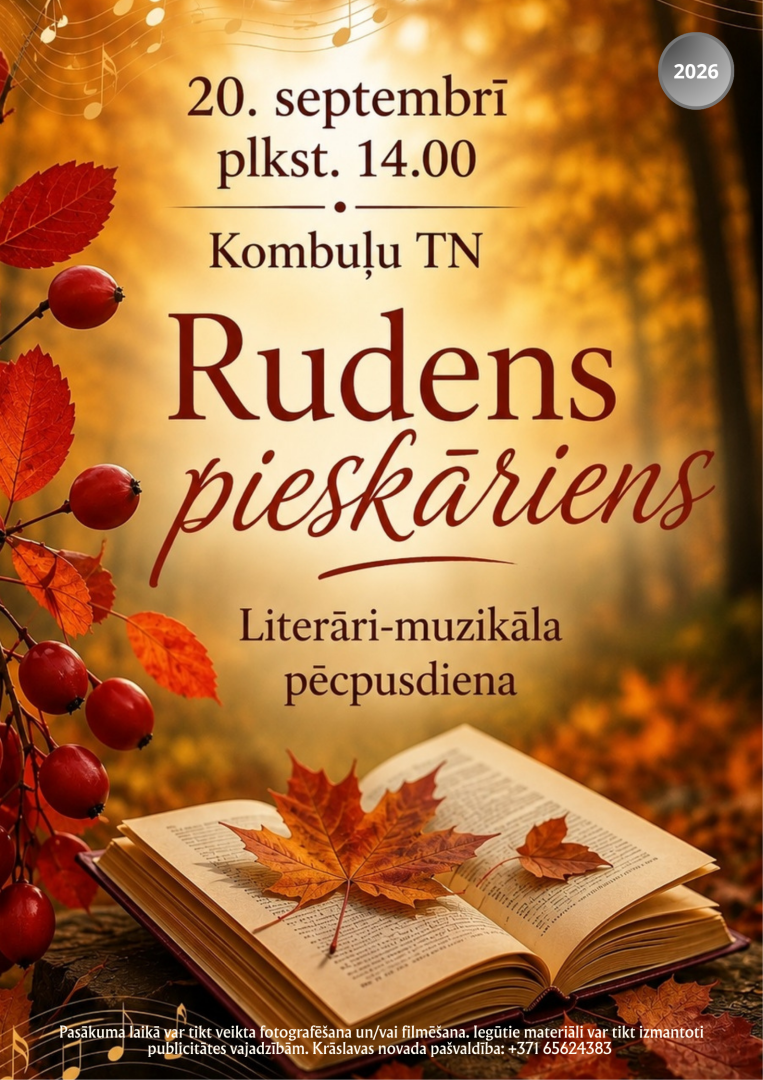 Atvērta grāmata ar rudens lapām un pīlādžiem. Pasākuma afiša