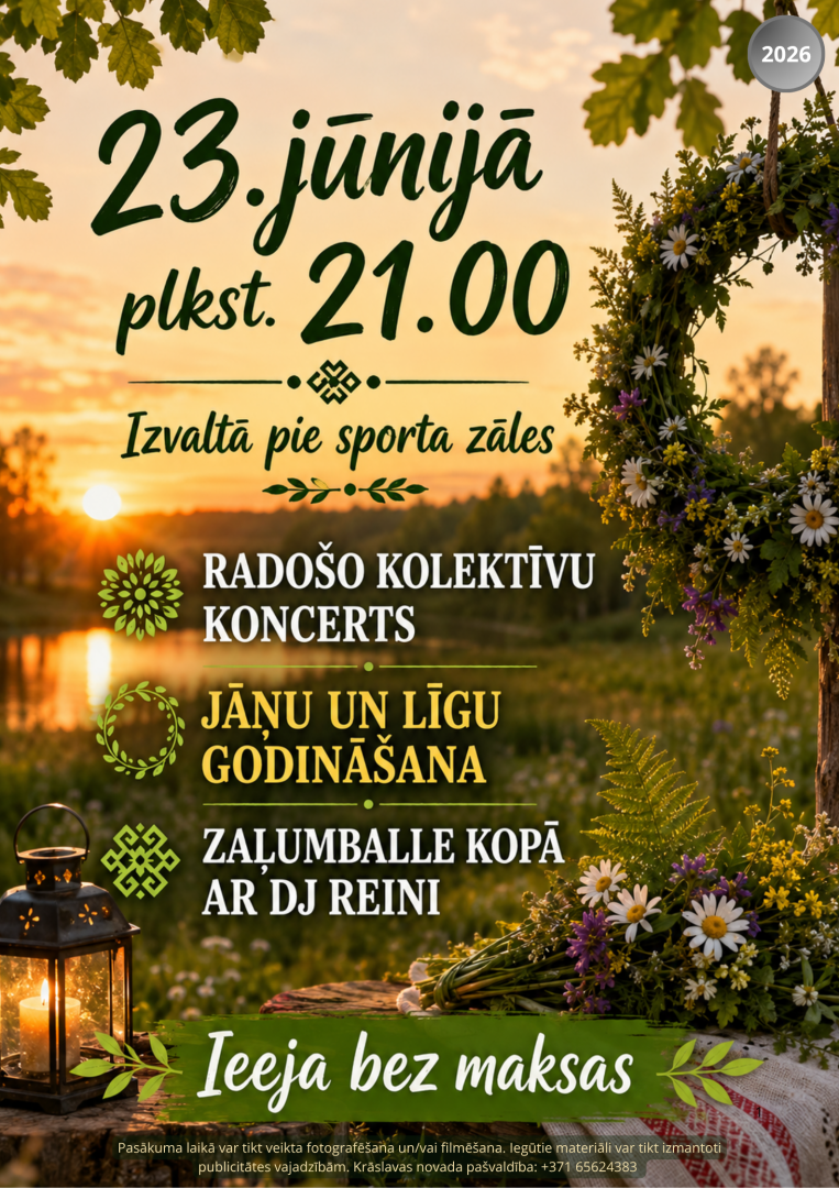 Saulriets pļavā ar ziedu vainagu, laternu un vasaras ziediem. Pasākuma afiša.