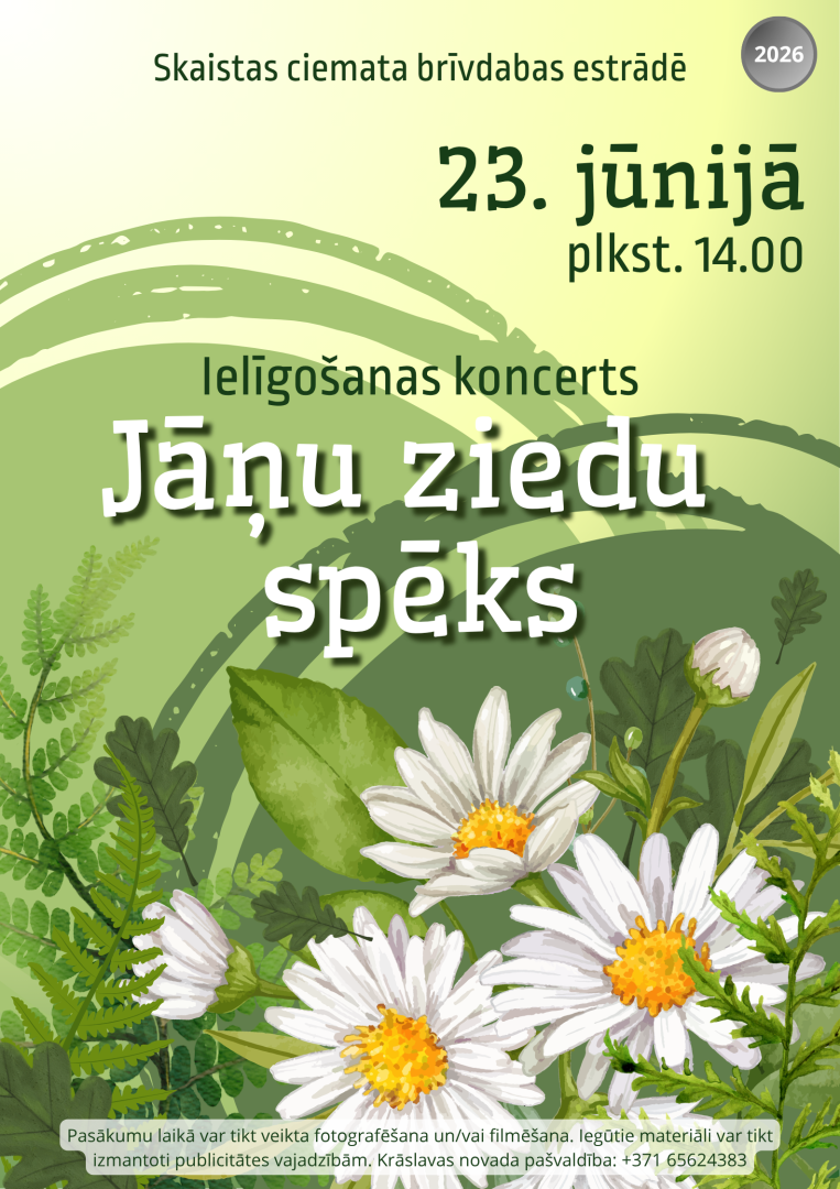 Margrietiņas un zaļi augi. Pasākuma afiša.