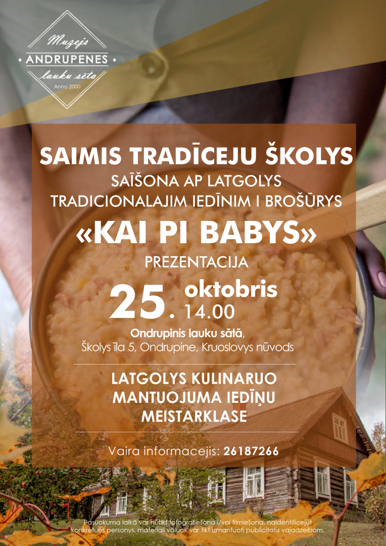 Rudens, lauku sēta, cilvēks tur rokās bļodu ar putru. Pasākuma afiša
