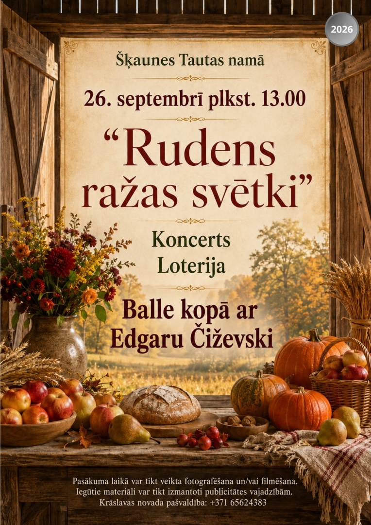 Rudens ražas kompozīcija ar augļiem, ķirbjiem, maizi un ziediem. Pasākuma afiša