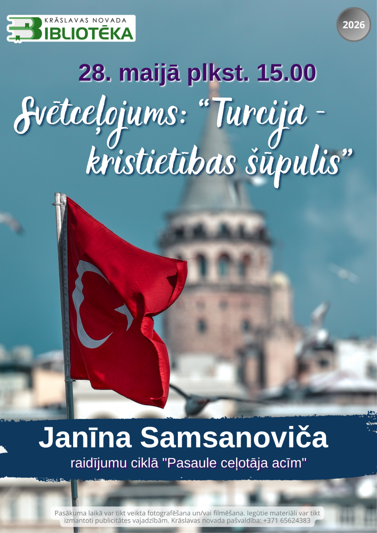 Turcijas karogs un pilsētas ainava fonā. Pasākuma afiša.