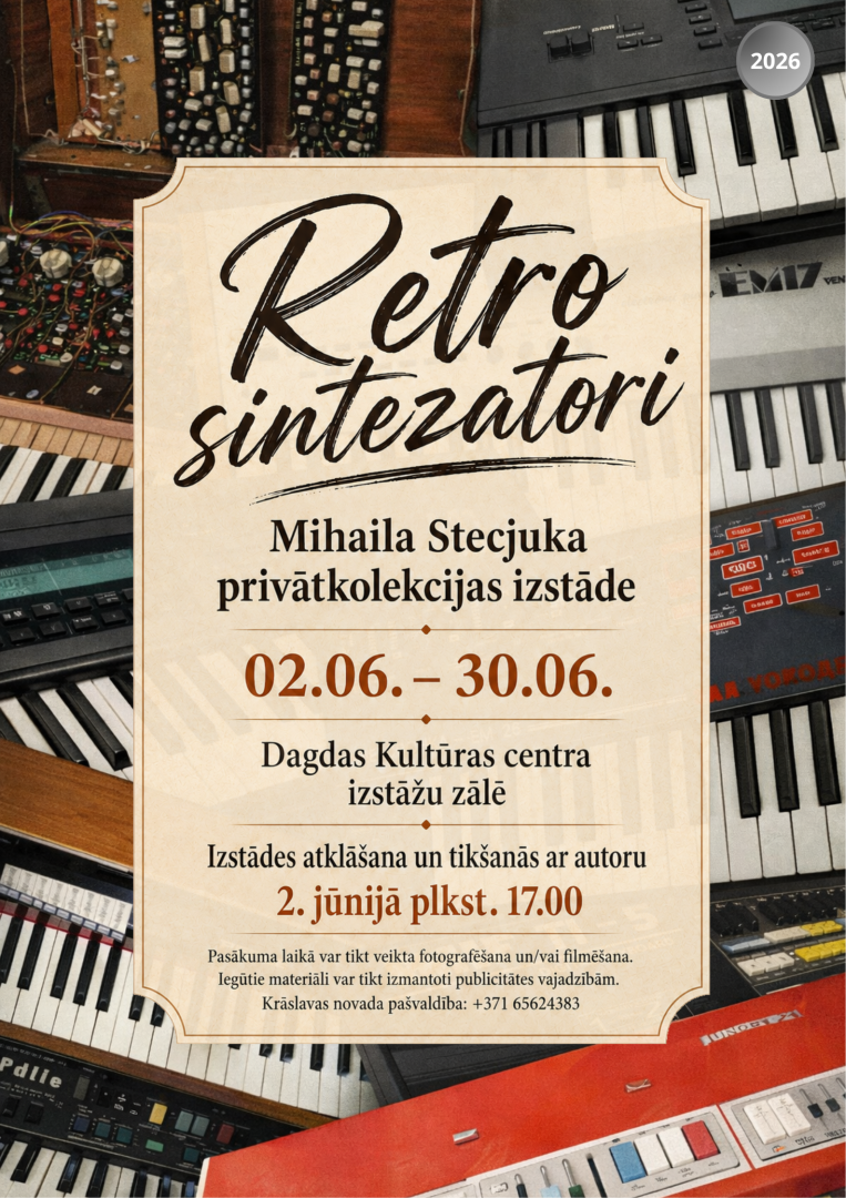 Dažādi retro sintezatori. Pasākuma afiša.