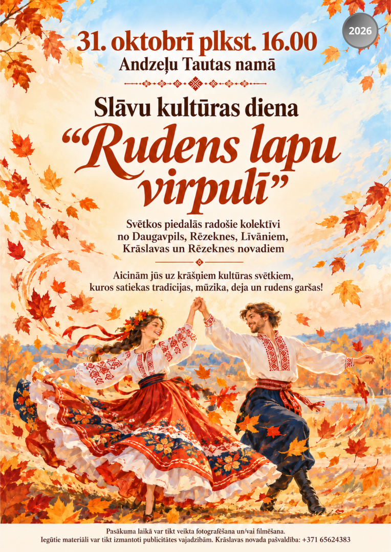 Rudens lapu virpulī tautastērpos ģērbies pāris dejo zeltainā rudens ainavā
