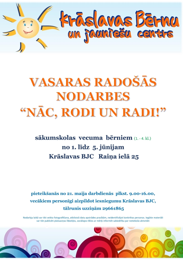 Ilustrēta saule un krāsains fons. Pasākuma afiša.