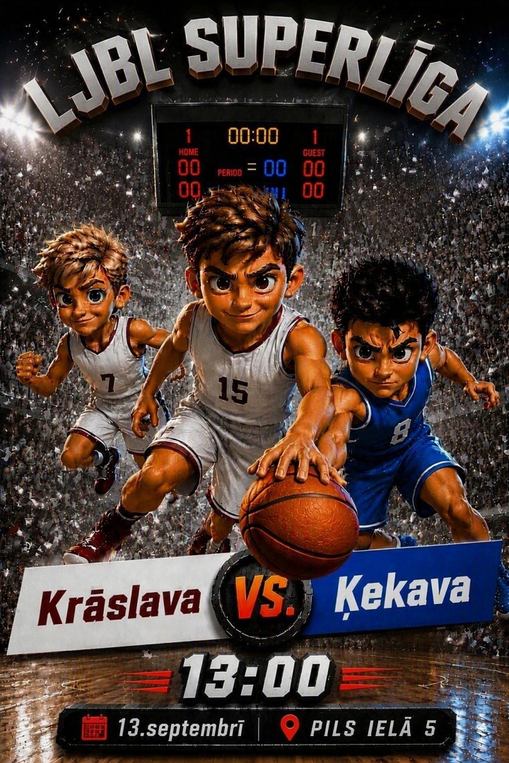 Ilustrācija ar basketbolistiem spēles laukumā. Pasākuma afiša