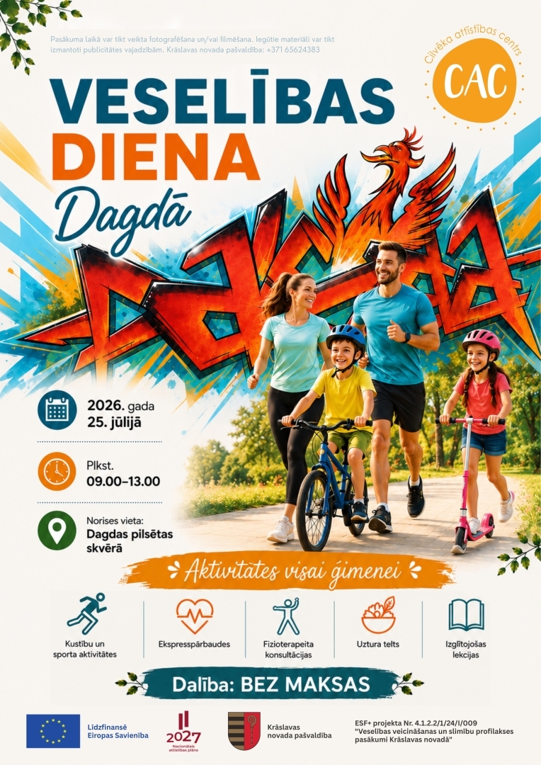Krāsaina ilustrācija ar ģimeni, kas sporto parkā. Pasākuma afiša