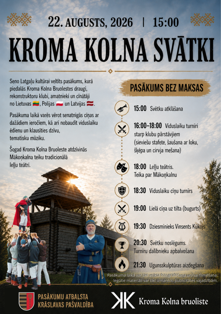 Vēsturiska izskata koka celtne un cilvēki viduslaiku tērpos. Pasākuma afiša