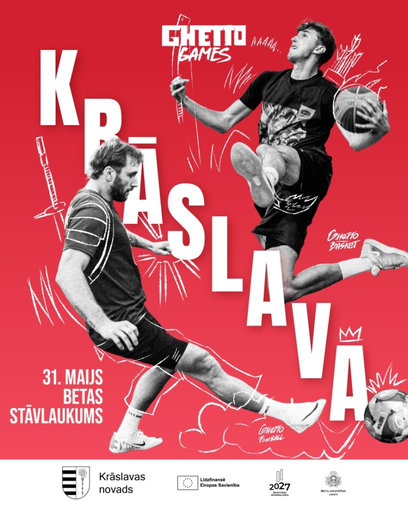 Futbolists un basketbolists uz sarkana fona. Pasākuma afiša