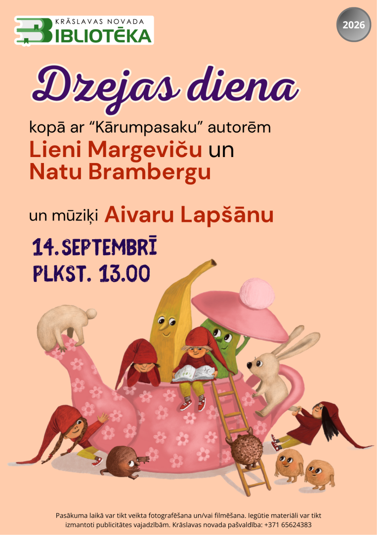 Mazi pasaku tēli košos tērpos. Pasākuma afiša