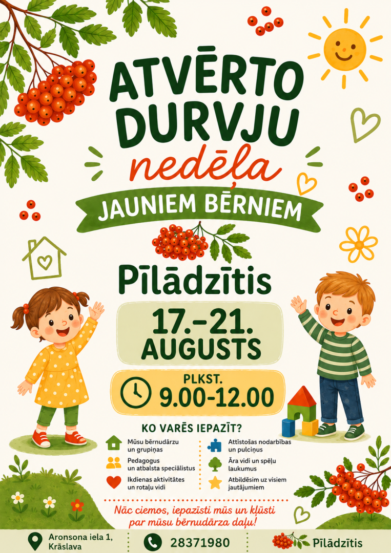 Krāsaina ilustrācija ar diviem bērniem un pīlādžu zariem. Pasākuma afiša