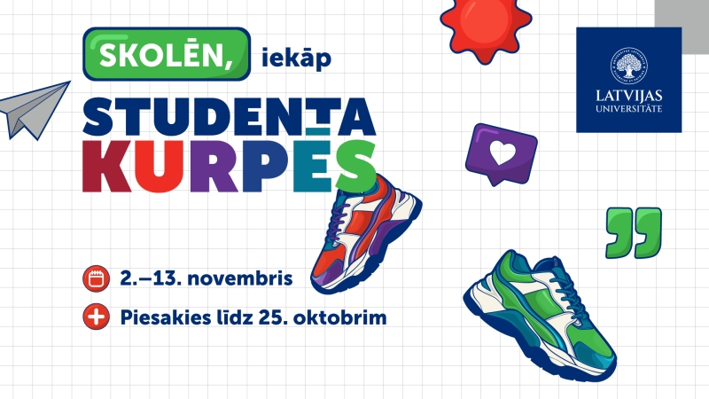 Rūtiņās sadalīta balta lapa ar apavu un abstraktu elementu ilustrācijām. Pasākuma afiša