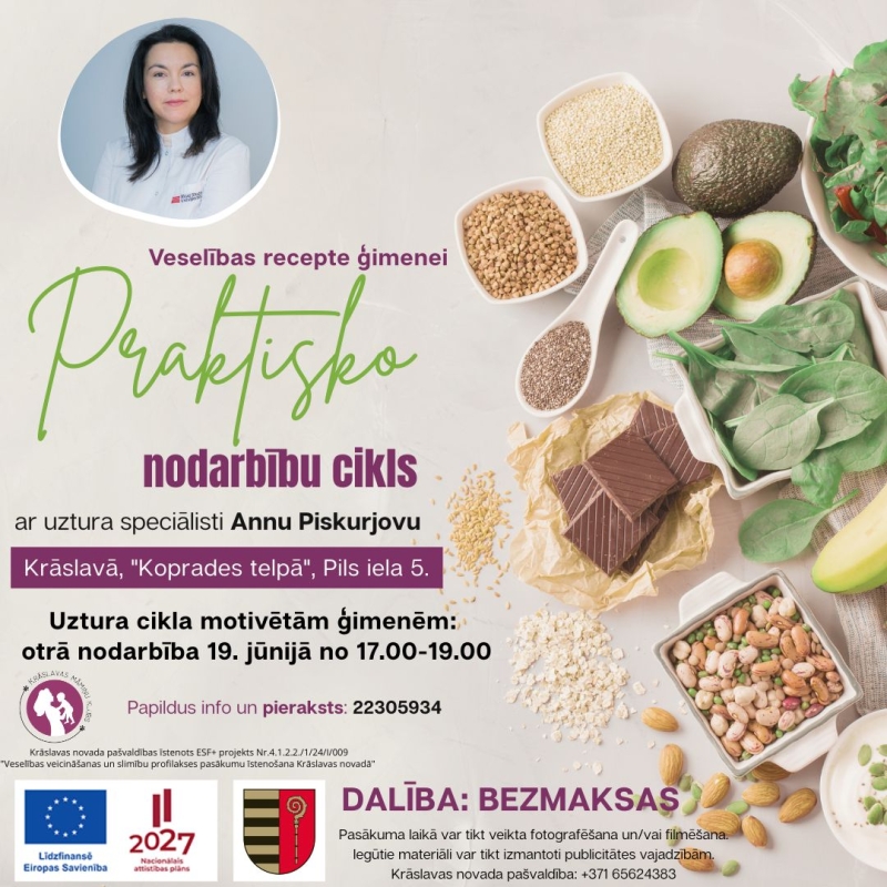 Veselīgi produkti un uztura speciālistes foto. Pasākuma afiša.