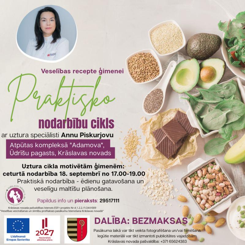 Veselīgi produkti un uztura speciālistes foto. Pasākuma afiša.