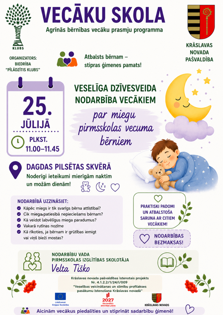 Ilustrācija ar guļošu bērnu. Pasākuma afiša