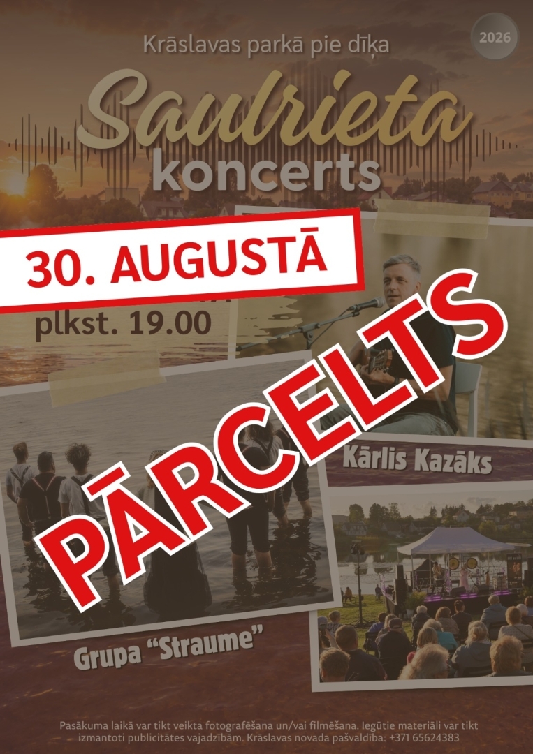 Saulrieta ainava pie ezera un mūziķu fotogrāfijas. Pasākuma afiša