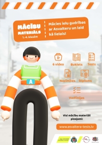 Stilizēts ceļu satiksmes drošības tēls – Asvalters – uz pilsētas ielas fona