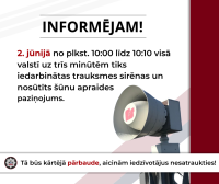 Trauksmes sirēna uz balta fona. Informācija par trauksmes sirēnu pārbaudi un šūnu apraides paziņojumiem