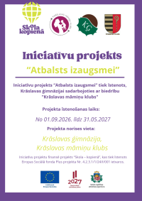 Projekta dalībnieku logo un teksts uz balti-violeta fona. Pasākuma afiša