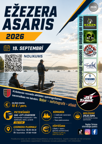 Makšķernieki laivās uz ezera ķer zivis. Pasākuma afiša