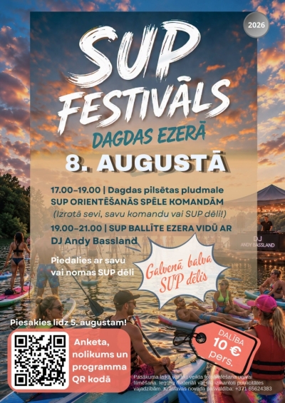 Cilvēki uz SUP dēļiem uz ezera, saulrietā. Pasākuma afiša