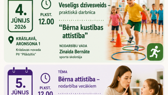 Bērni sporta nodarbībā un mamma sarunājas ar bērnu. Pasākuma afiša.