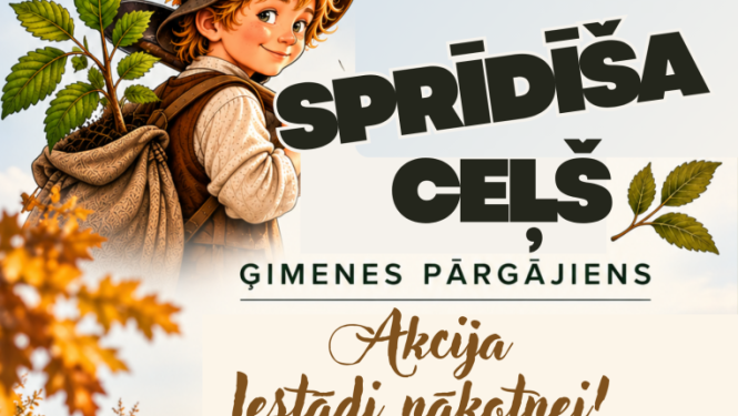 Ģimene uz pārgājiena takas un Sprīdīša ilustrācija. Pasākuma afiša