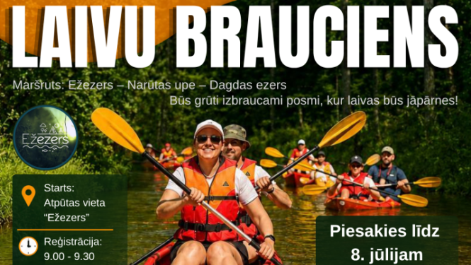 Cilvēki laivās peld pa upi. Pasākuma afiša.