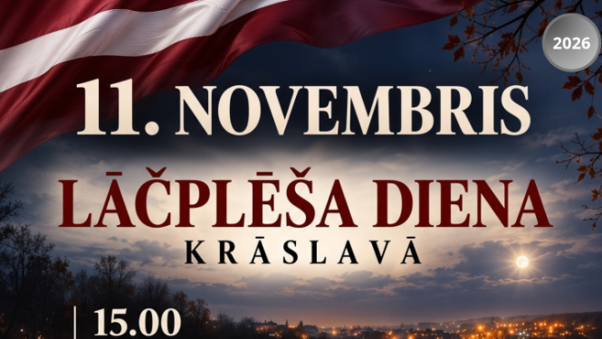 Pilsētas panorāma, upe, Latvijas karogi un lāpas. Pasākumu afiša