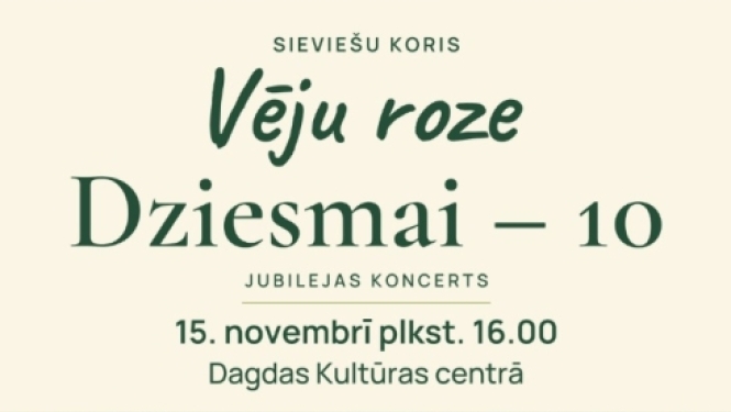 Sieviešu koris tautastērpos ar zaļām vestēm un svītrainiem brunčiem. Pasākuma afiša