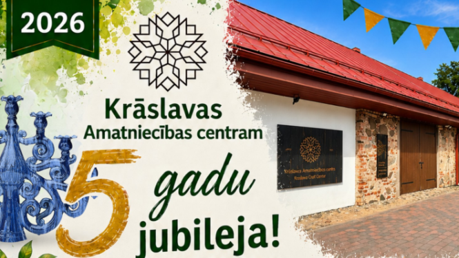 Krāslavas Amatniecības centra foto un amatniecības motīvi – keramika, gleznošana, tradicionāls ēdiens un stikla dekors. Pasākuma afiša
