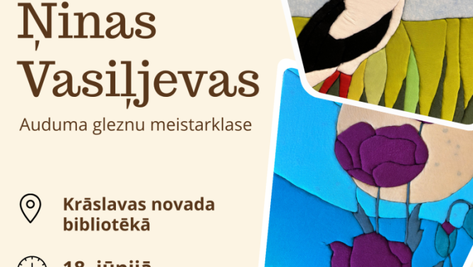Tekstila aplikāciju attēli ar stārķi, sauli, koku un ziediem. Pasākuma afiša.