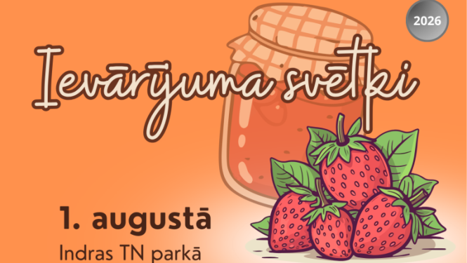 Ilustrācija ar zemeņu ievārījuma burku un zemenēm. Pasākuma afiša
