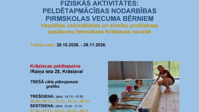Bērni baseinā klausās skolotāju. Pasākuma afiša