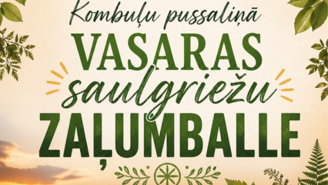 Vasaras saulriets pie ezera ar ziedu vainagiem. Pasākuma afiša.