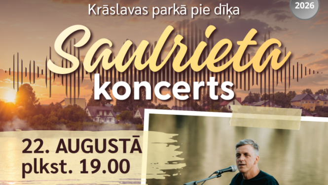 Saulrieta ainava pie ezera un mūziķu fotogrāfijas. Pasākuma afiša