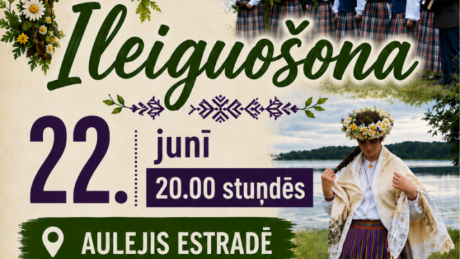 Tradicionāli Jāņu svētku skati ar tautastērpiem, ugunskuru un vainagiem. Pasākuma afiša