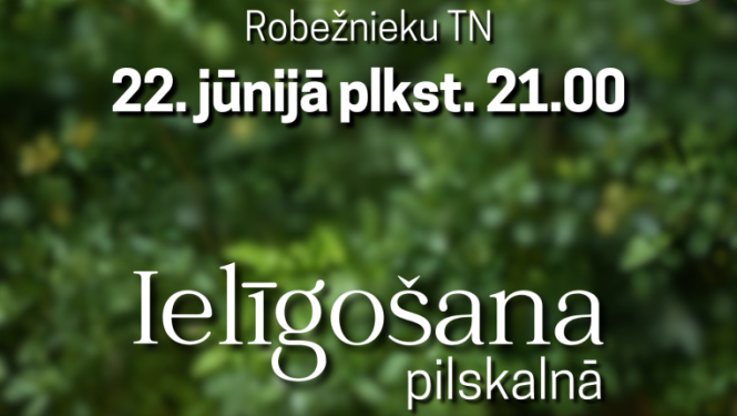 Jāņu ziedu vainags uz koka sola. Pasākuma afiša.