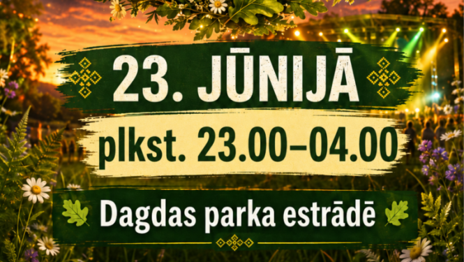 Vasaras vakara pasākuma atmosfēra ar izgaismotu skatuvi un ziedu vainagu. Pasākuma afiša.