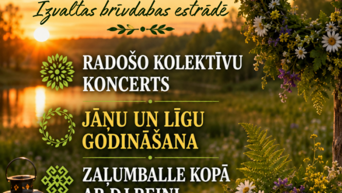 Saulriets pļavā ar ziedu vainagu, laternu un vasaras ziediem. Pasākuma afiša.