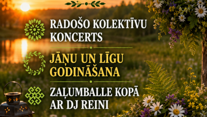 Saulriets pļavā ar ziedu vainagu, laternu un vasaras ziediem. Pasākuma afiša.