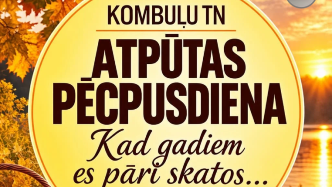 Ābolu grozs un sega uz soliņa, uz rudens ainavas fona. Pasākuma afiša