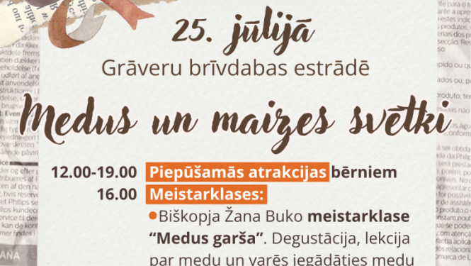 Kolāža ar medus burku, medus kāri, maizi. Pasākuma afiša