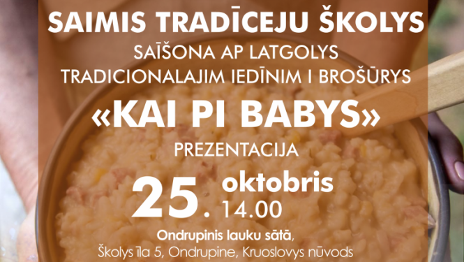 Rudens, lauku sēta, cilvēks tur rokās bļodu ar putru. Pasākuma afiša
