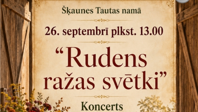 Rudens ražas kompozīcija ar augļiem, ķirbjiem, maizi un ziediem. Pasākuma afiša