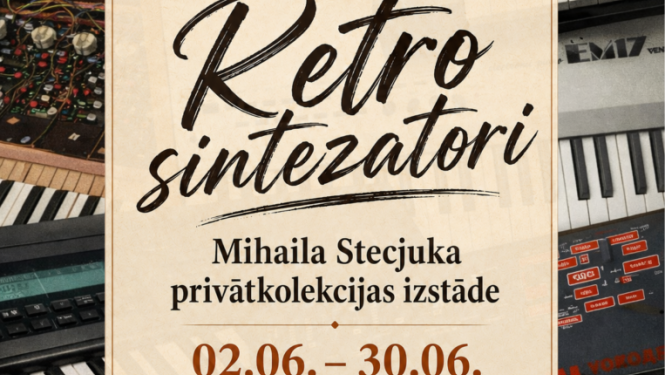 Dažādi retro sintezatori. Pasākuma afiša.
